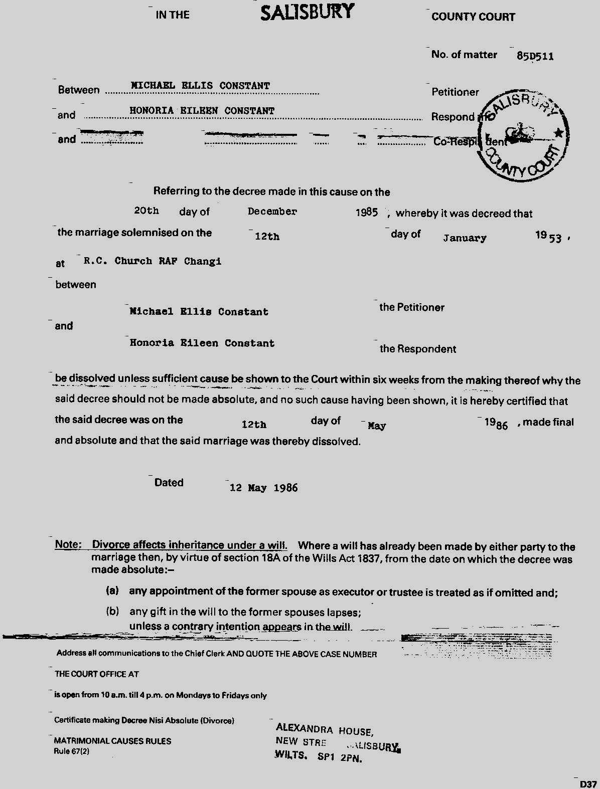  Divorce of M E Constant and H E Constant 